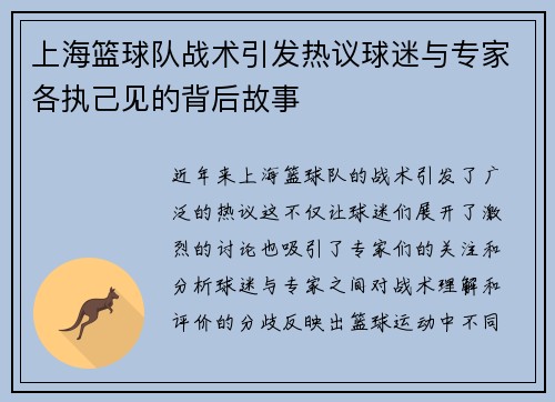 上海篮球队战术引发热议球迷与专家各执己见的背后故事